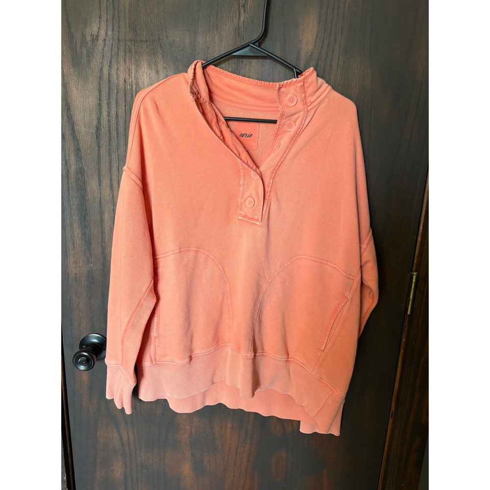 Aerie Henley Sweatshirt Womens Small Coral Orange Button Mock Neck Pullover